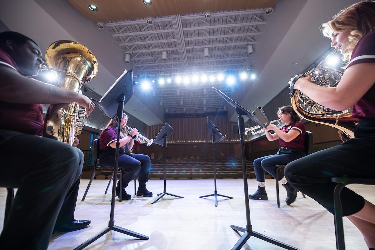MSU’s Student Brass Quartet rehearses in the university’s Music Building.