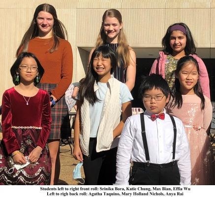 Piano students (left to right) Front: Srinika Bora, Katie Chung, Max Bian, Effia Wu; Back: Agatha Taquino, Mary Holland Nichols, Anya Rai